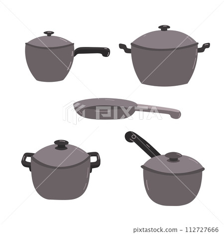 Vector set of kitchen pans with lids. Flat style. 112727666