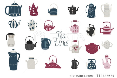 Set of 24 different teapots. Ceramic, electric, glass tea pots. Vector illustration. Vector clipart. 112727675