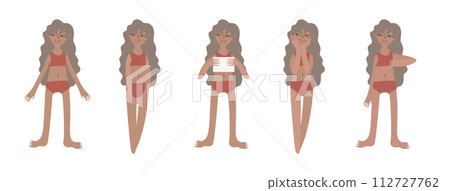 Five tanned European girls in swimsuits. Calm standing poses: thumbs up, piece of paper in hands. Tanned skin and blond hair. Vector illustration in flat style Five tanned European girls in swimsuits. Calm standing poses: thumbs up, piece of paper in hands. Tanned skin and blond hair. Vector illustration in flat style 112727762