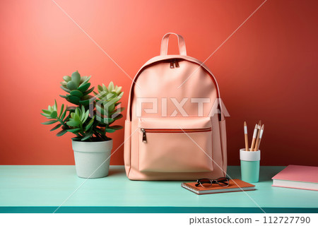 New school bag on a student's desk in the classroom. A large pink backpack standing on the table and writing materials. Back to School concept 112727790