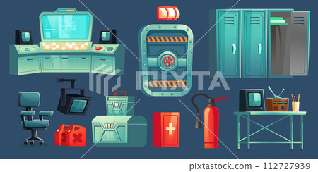 Underground bunker laboratory interior cartoon set Underground bunker laboratory interior cartoon set 112727939