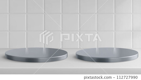 Silver podium on kitchen, bathroom tile background 112727990