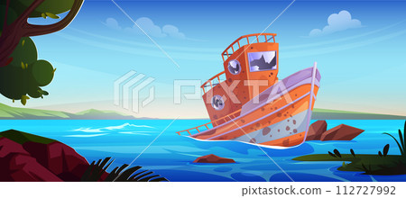 Broken abandoned fisher boat aground. 112727992