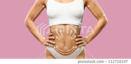 Bodycare And Sculpting Concept. Woman in underwear on pink 112728107