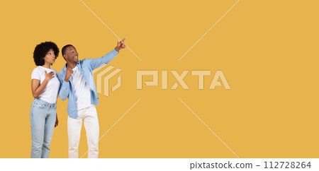 Enthusiastic young couple with bright smiles pointing outwards, engaging with something interesting 112728264
