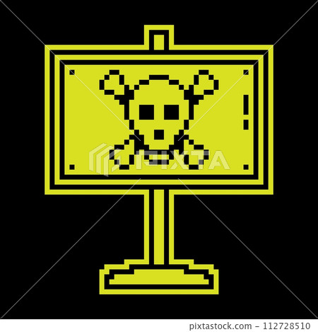 Pixel silhouette icon, sign plate with skull and crossbones. Hazard symbol, minefield designation. Simple black and yellow vector isolated Pixel silhouette icon, sign plate with skull and crossbones. Hazard symbol, minefield designation. Simple black and yellow vector isolated 112728510