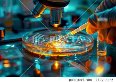 microscope to inspect a pipette of a petri dish . in the chemistry laboratory.ai generative 112728876