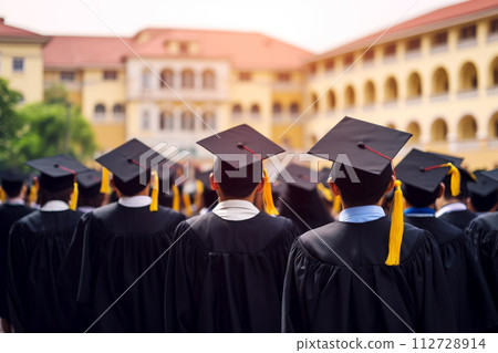 Back view of a group of students at graduation with graduation caps. Generative AI. 112728914