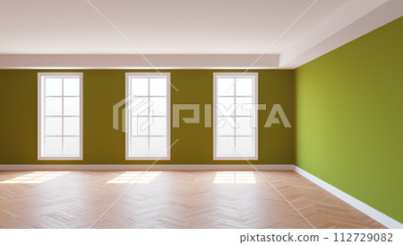 Khaki Interior with a White Ceiling and Cornice, Glossy Herringbone Parquet Floor, Three Large Windows and a White Plinth. Sunny Beautiful Interior. 3D rendering, 8K Ultra HD, 7680x4320, 300 dpi Khaki Interior with a White Ceiling and Cornice, Glossy Herringbone Parquet Floor, Three Large Windows and a White Plinth. Sunny Beautiful Interior. 3D rendering, 8K Ultra HD, 7680x4320, 300 dpi 112729082