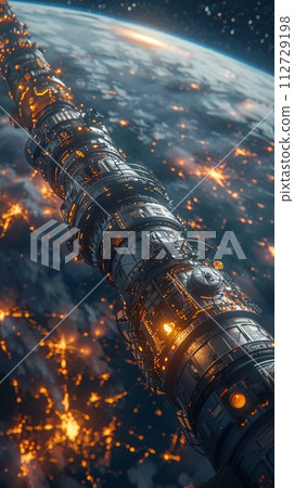 AI-generated content. 3D-rendered image of space station observing Earth Hour with lights turned off against cosmos. 112729198