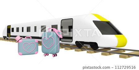 3d close suitcase with heart shaped pattern, hat, bullet train isolated. summer travel concept, 3d render illustration 112729516