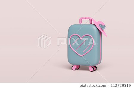 3d close suitcase with heart shaped pattern, hat isolated on pink background. summer travel concept, 3d render illustration 112729519