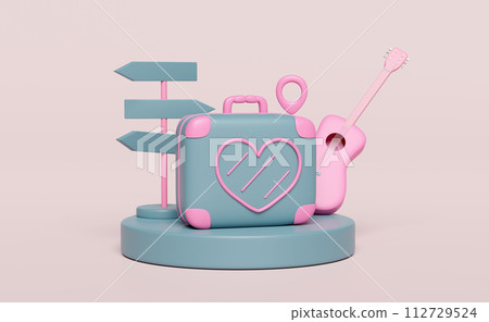 3d close suitcase with heart shaped pattern, podium, road signs, pin, guitar isolated on pink background. summer travel concept, 3d render illustration 112729524