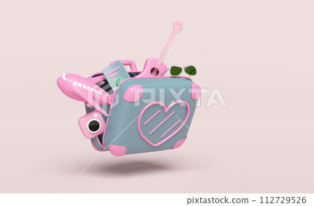 summer travel with open suitcase, heart shaped pattern, sunglasses, camera, guitar, passport or international travel for tourism, airplane isolated on pink background. concept 3d illustration render 112729526