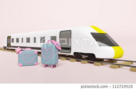 3d close suitcase with heart shaped pattern, hat, bullet train isolated on pink background. summer travel concept, 3d render illustration 112729528