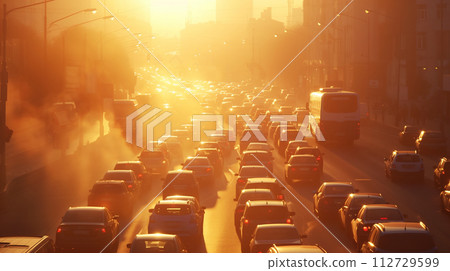 Urban smog illuminated by the setting sun 112729599