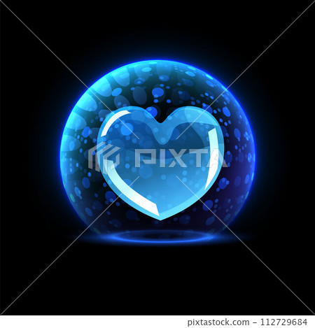 Glass heart in a protective spherical shield on an isolated background. Glass heart in a protective spherical shield on an isolated background. 112729684