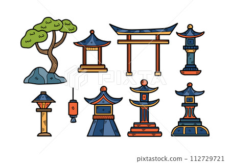 Hand Drawn Japanese and Chinese style pavilions or pagodas in flat style 112729721
