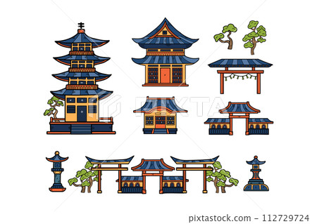 Hand Drawn Japanese and Chinese style pavilions or pagodas in flat style Hand Drawn Japanese and Chinese style pavilions or pagodas in flat style 112729724