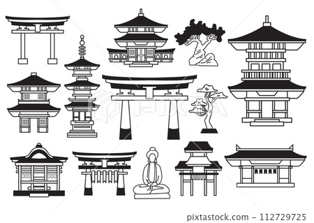 Hand Drawn Japanese and Chinese style pavilions or pagodas in flat style Hand Drawn Japanese and Chinese style pavilions or pagodas in flat style 112729725