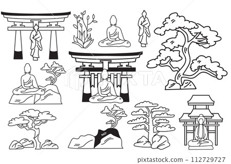 Hand Drawn Japanese and Chinese style pavilions or pagodas in flat style Hand Drawn Japanese and Chinese style pavilions or pagodas in flat style 112729727
