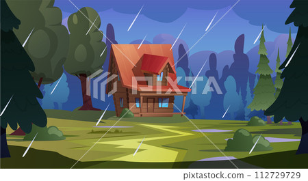 Rainy meadow log cabin vector illustration 112729729