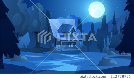 Night forest scene with a rustic wooden house under the starry sky and moon. 112729735