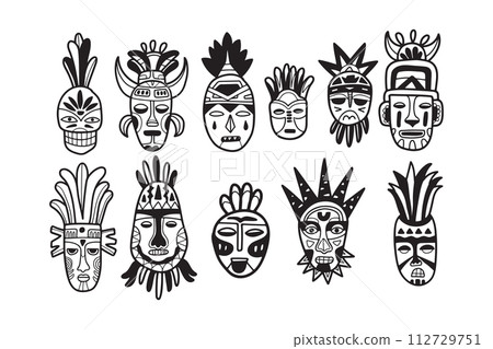 Hand Drawn tribal mask in flat style 112729751