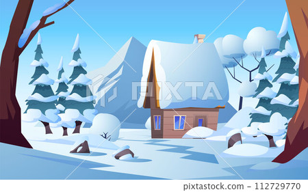 Snowy forest landscape with a charming wooden house. 112729770