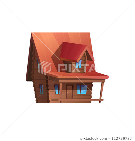 Wooden house with door, windows and terrace, country cottage, rural log building, camp village cartoon vector isolated 112729783