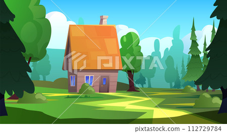 Cute wooden house with high roof standing on lawn at forest flat style Cute wooden house with high roof standing on lawn at forest flat style 112729784