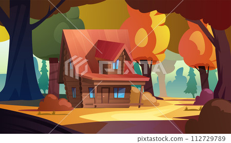 Autumn wooden cabin in colorful forest vector illustration 112729789