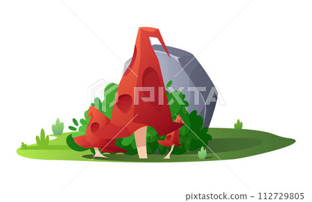 A charming vector set depicting three red mushrooms with curved caps among rocks and grass. 112729805