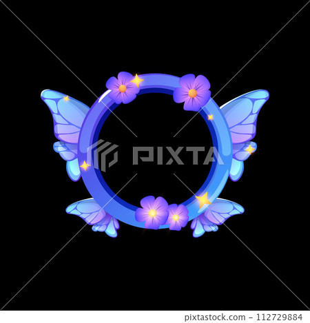 Avatar frame butterfly with flowers cartoon vector, rank achievement round empty template border game interface sparkles Avatar frame butterfly with flowers cartoon vector, rank achievement round empty template border game interface sparkles 112729884