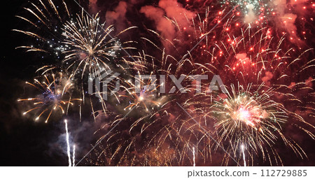 Red Firework celebrate anniversary happy new year 2024, 4th of july holiday festival. red firework in night time celebrate national holiday. Countdown to new year 2024 festival party time event 112729885