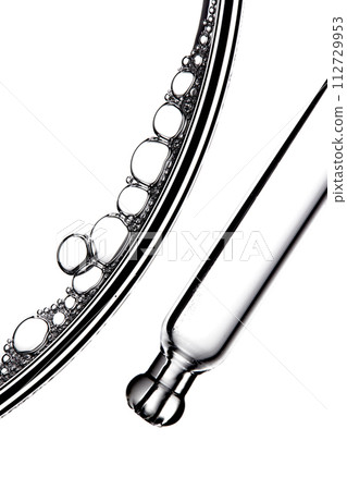 A close-up photo of water droplets that can be used in science, medicine, ingredients, and beauty designs. 112729953