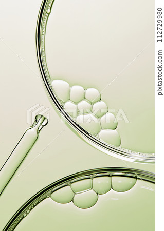 A close-up photo of water droplets that can be used in science, medicine, ingredients, and beauty designs. 112729980