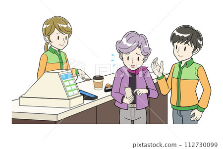 一名男店員與一名老年婦女交談，後者對在收銀台使用智慧型手機付款感到困惑。 112730099