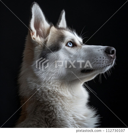 A simple portrait of a black Shiba Inu looking at the camera on a black background 112730107