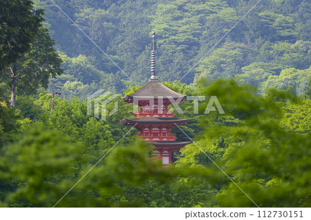 Kiyomizu Temple Koyasu Pagoda surrounded by fresh greenery Kiyomizu Temple Koyasu Pagoda surrounded by fresh greenery 112730151