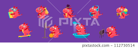 Cute Red Funny Dragon Character in Different Situation Vector Set 112730514