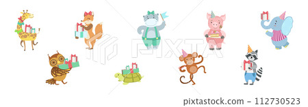 Funny Animal Celebrate Happy Birthday Holiday Vector Set 112730523