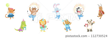 Funny Animal Celebrate Happy Birthday Holiday Vector Set 112730524