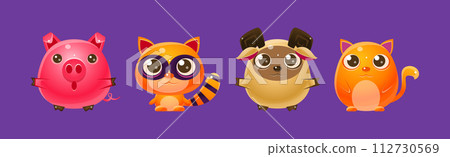 Funny Animal with Cute Face Isolated on Purple Background Vector Set 112730569