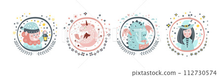Cute Fairytale Round Sticker with Character Vector Set 112730574