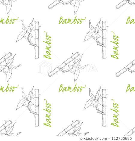 Pattern of bamboo sticks with young shoots of leaves and green inscription on white background. 112730690