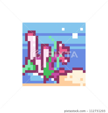 Pixel Art Corals and Seaweeds Icon. Vector Y2K 8Bit Sticker of Marine Reef. Cute Underwater Kelp Video Game Element for Diving Adventure Design. 112731203
