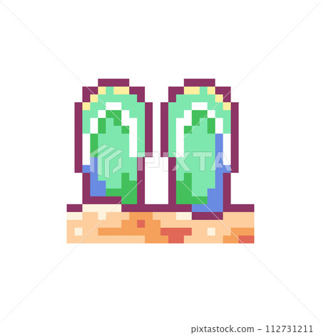 Pixel Art Flip Flops Icon. Vector Y2K 8Bit Sticker of Summer Sandals. Cute Green Beach Shoes Video Game Element for Relaxing Vacation Design. 112731211
