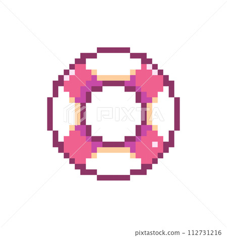 Pixel Art Lifebuoy Icon. Vector Y2K 8Bit Sticker of Life Ring. Cute Summer Rescue Gear Video Game Element for Beach Graphic Design. 112731216