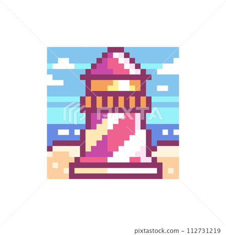Pixel Art Lighthouse Icon. Vector Y2K 8Bit Sticker of Seaside Beacon. Cute Summer Navigation Light Video Game Element for Graphic Design. 112731219